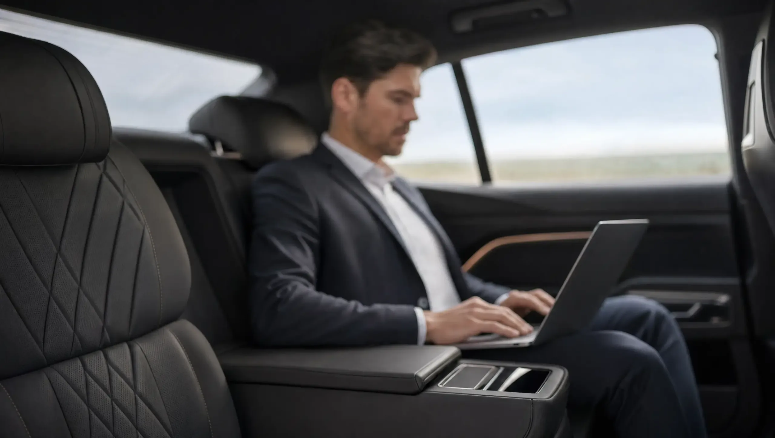 Fahrgast arbeitet am Laptop im Fond während der Fahrt
