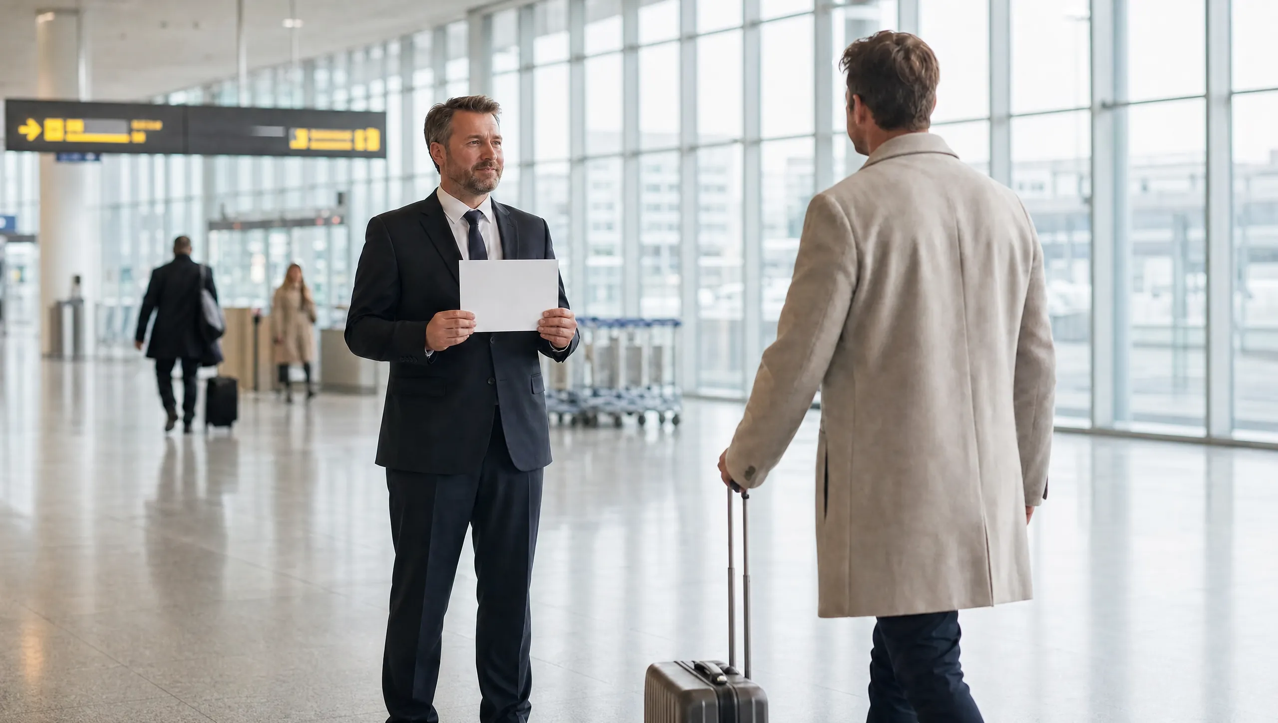 Chauffeur mit Namensschild empfängt einen Fahrgast in der Ankunftshalle am Flughafen